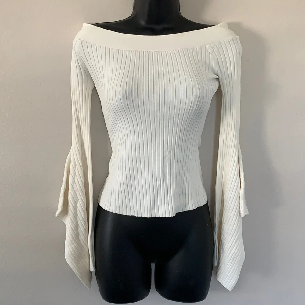 BCBG MaxAzria Gardenia Cream Stevie Ribbed Off The Shoulder Bell Sleeve Sweater - Picture 5 of 13